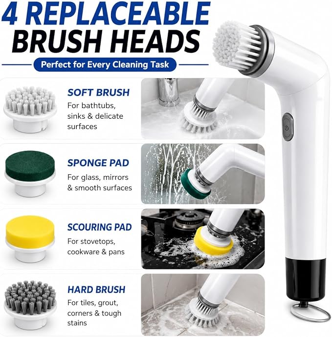 Electric Spin Scrubber Cordless Cleaning Brush, USB Rechargeable Power Scrubber for Bathroom, Kitchen, Tile, Grout, Sink & Shower Cleaning, 4 Replaceable Brush Heads, Portable Handheld Cleaning Tool