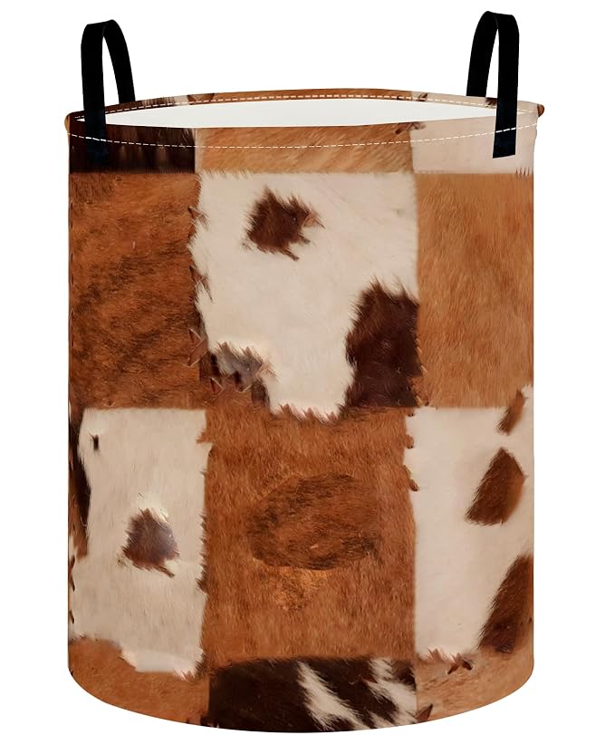 Collapsible Round Storage Basket, Soft-Sided Organizer with Waterproof Coating, Foldable Bin for Clothes,Laundry Basket, Nursery Hamper, Gift Baskets(Cow Print)