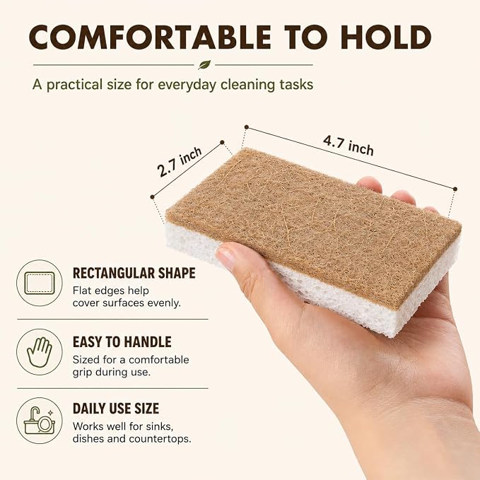 Plant-Based Kitchen Sponges, 5 Count, Cellulose Dish Sponges with Coconut Fiber Scrubber, Dual-Sided Cleaning Sponges for Dishes, Pots, Pans, Kitchen, Bathroom and Household