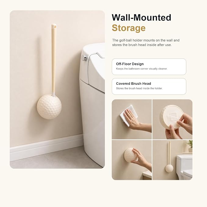 ZICO Golf-Shaped Toilet Brush with Wall-Mounted Holder, Dual-Sided TPR and Dense Bristle Brush Head, 360° Reach for Rim, Drain and Inner Bowl Cleaning, Cream Yellow Bathroom Cleaning Brush