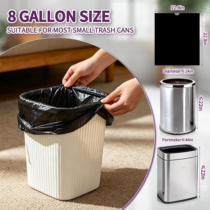 100 Count Small Drawstring Trash Bags, 8 Gallon (30L) Pre-separated Garbage Bags, Extra Thick Leak-proof Mini Wastebasket Liners for Bathroom, Office, Bedroom (Black)