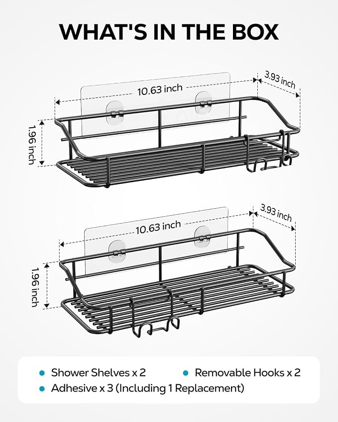 Nieifi Shower Caddy Adhesive, Shower Shelves, Shampoo Holder for Bathroom | Stainless steel, 2 pack, shower rack, shower organization, with hooks, rustproof, no drilling, razor holder, black