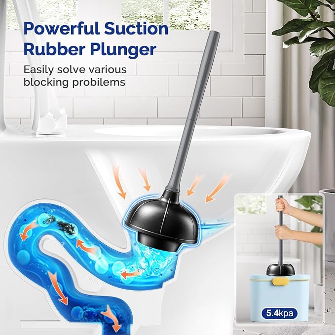 HAMITOR Toilet Plunger and Brush Set for Bathroom Cleaning with Extented Handle - Heavy Duty Toilet Plunger Combo Accessories with Caddy Stand Holder for Small Space - Gray | Extented Handle, Heavy Duty Toilet Plunger Combo Accessories with Caddy Stand...