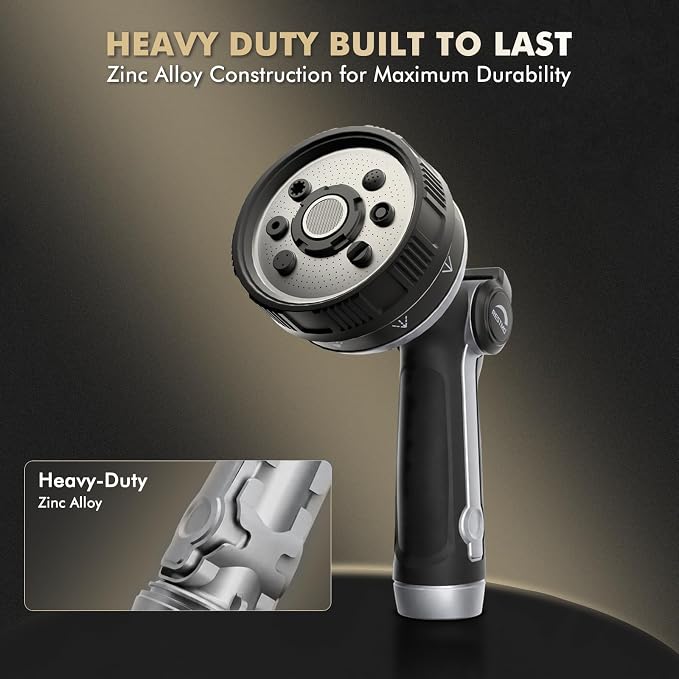 RESTMO Garden Hose Nozzle Heavy Duty, Thumb Control Metal Sprayer Nozzle | Zinc Alloy Body with TPU Coating, 8 Adjustable Spray Patters, Ergonomic Handle, Leak Proof, Idea for Washing & Watering