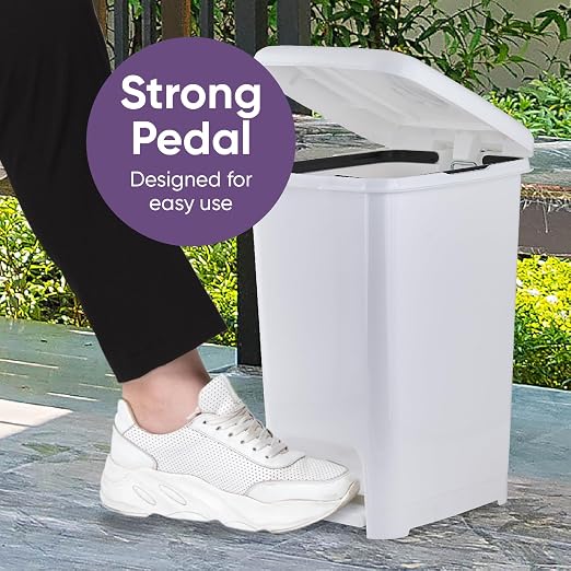 Superio Slim Step On Pedal Plastic Trash Can, Waste Bin for Under Desk, Office, Bedroom, Bathroom, Kitchen (4 gal) (White Smoke, 2 Pack)