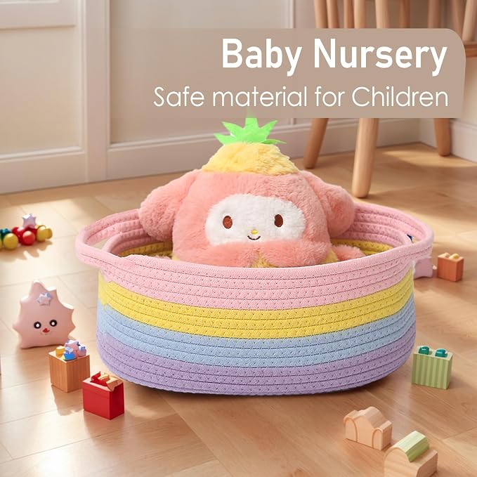 JMvicyroam Small Woven Basket, Empty Gift Basket, Rainbow/1 Pack | Small Gift Basket, Cotton Rope, 12 x 8 x 51 in, Handles, Includes Ribbon and Bag, Birthday Gift Basket