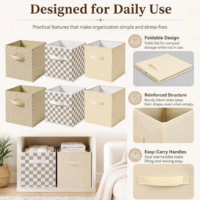 Chunful 6 Pcs 11 Inch Gingham Fabric Storage Cube Bin Woven Foldable Checkered Storage Cube for Classroom Basket Bin Organizer with Handle Decor for Organizing Clothes, Toy, Book