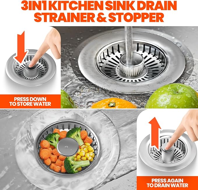 Kitchen Sink Drain Strainer & Sink Stopper, Upgraded 3 in 1 Stainless Steel Drain Plug Combo with Anti-Clog Basket, Pop Up Drain Cover for Standard 3-1/2'', Fits Double Bowl Kitchen Sinks | Kitchen Sink Accessories Strainer Basket 2 Pack Stainless Stee...