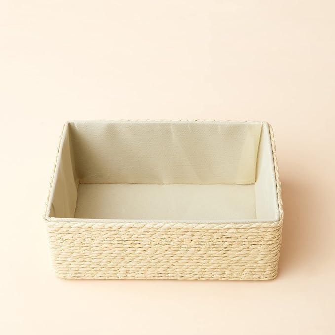 LA JOLIE MUSE Bathroom Basket Organizers, Paper Rope Storage, Beige 4 Pack | Stackable, Sturdy Lined Woven Basket, Organizer for Toilet Paper, Laundry Room Essentials, Shelves and Nightstand Drawers