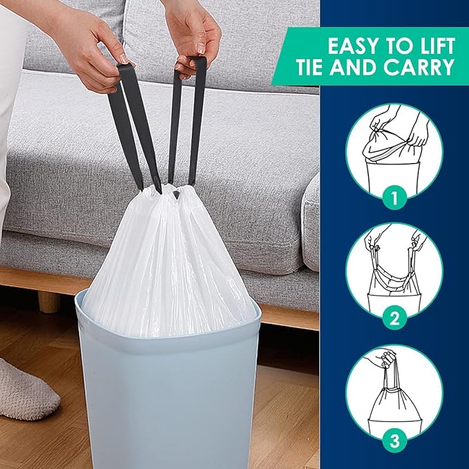 Small Drawstring Trash Bags 1.3 Gallon, White, 100 Count | Waste Basket Liners lit 1-1.3Gal Garbage Cans, Tear Free,Leak Proof, Sturdy for Home, Office,Bathroom & Bedroom Daily Use