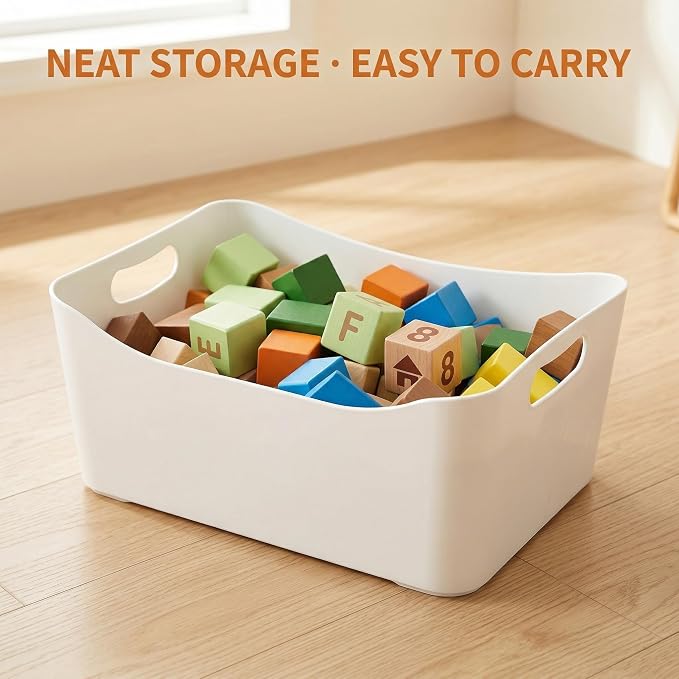 Peohud 4 Pack White Plastic Storage Bins, Pantry Organizer Bin with Handles, Open Storage Organizing Bins for Classroom, Office, Shelves, Cabinet Collection Container Bin, Under Sink Organizer