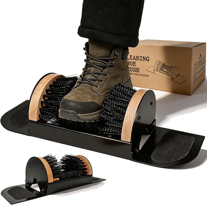 MAXIMILIAN Boot Scraper Outdoor Shoe Brush with Flaps 18.11in/46cm | Metal Frame,Solid Wood Brush Back,Boot Scrubber Cleaning,Heavy-Duty Shoe Cleaner Footwear Cleaning Tool for Mud,Dirt,Snow