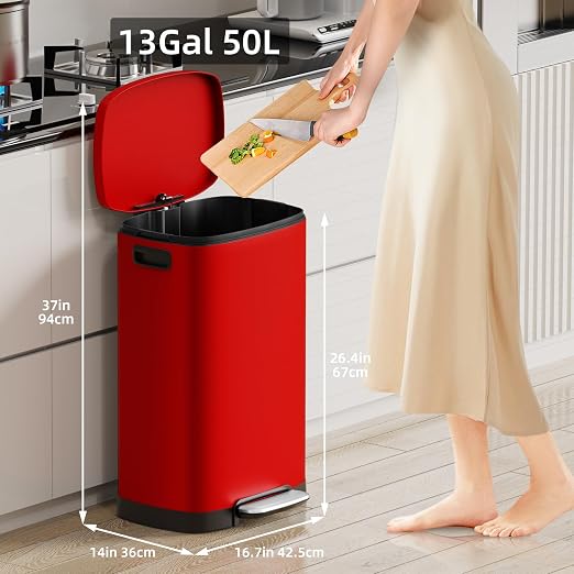 KUK 13 Gallon Kitchen Trash Can with Lid, 50L/13Gal Office Step Garbage Can for Home, Kitchen, Laundry Room, Office, Brushed Stainless Steel, Red