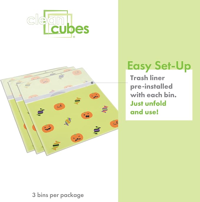 Clean Cubes 13 Gallon Disposable Pop-Up Trash Cans, 3-Pack (Halloween) | Extra Trash Space for Parties and Events, No Assembly Required, Built-In Liner, Wire-Reinforced Opening Stays Fully Open