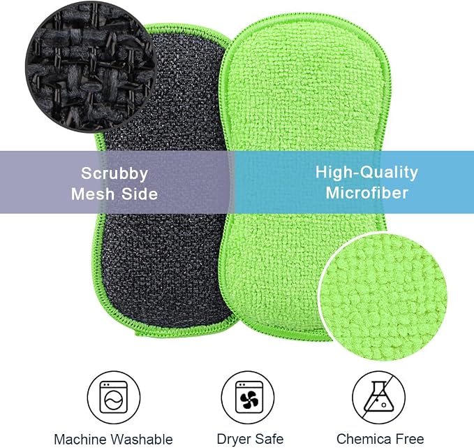 HOMEXCEL Dish Sponge 12 PK, Microfiber Kitchen Sponges for Cleaning, Green | Non Scratch Microfiber Sponges for Washing Dishes, Double-Sided Scrub Sponge for Pots, Pans, Glass