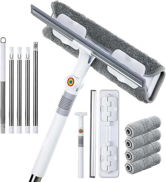 MUEE Window Squeegee with 81.5" Extension Pole, High Reach Window Cleaner | 81.5" Long Handle Window Squeegee with 180° Swivel Head, Clamp Cloth Design, Washable Pads & Scrubber