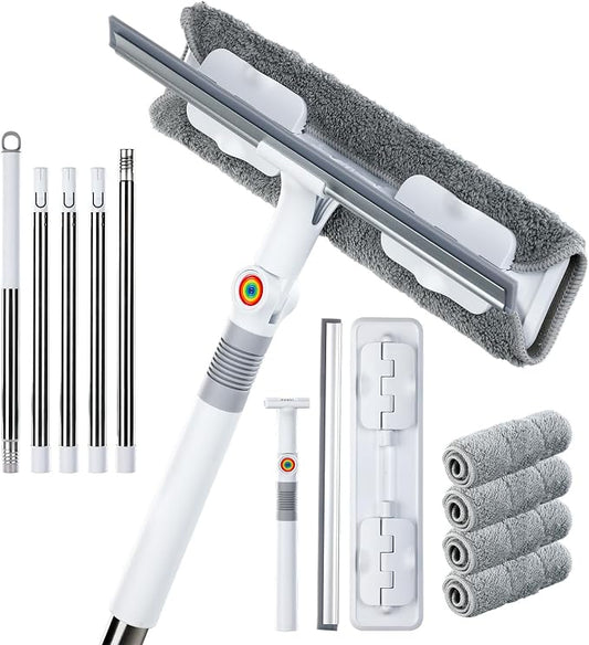 MUEE Window Squeegee with 81.5" Extension Pole, High Reach Window Cleaner | 81.5" Long Handle Window Squeegee with 180° Swivel Head, Clamp Cloth Design, Washable Pads & Scrubber