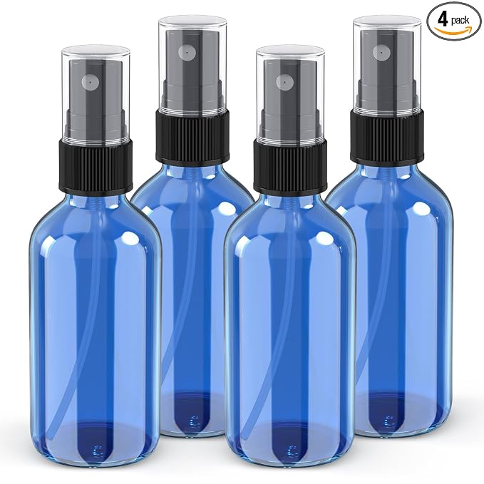 4 oz Mini Glass Spray Bottles, Empty Small Spray Bottles with Funnel Dropper, Fine Mist for Hair, Travel, Plants, Cleaning Solutions and Skin Care (4 Pack Sky Blue)