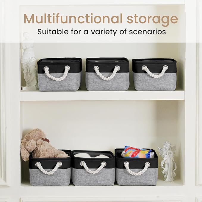 11.8x7.9x5.2 Inch Fabric Small Storage Bins with Handles 3 Pack | Foldable Storage Basket, Sturdy Metal Strand, Cardboard Support Molding, Small Baskets for Organizing, Shelves, Black/Gray