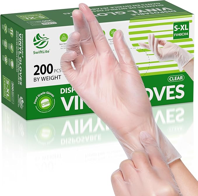 Disposable Vinyl Gloves, Food Safe | Latex-Free Powder-Free Clear Plastic Gloves for Cooking, House Cleaning, Food Prep