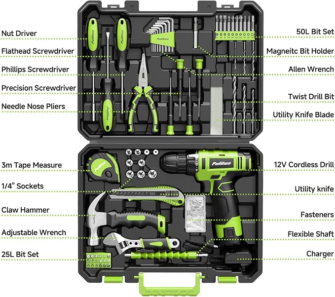 PULITUO Drill Set, 149-Piece Home Tool Set with Green 12V Cordless Drill, Tool Box, Hand Tool Kits for Women & Men and DIY Enthusiasts, for Home Improvement