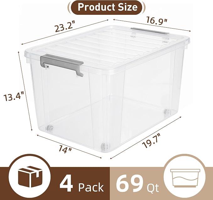 Citylife 69 QT Plastic Storage Bins with Latching Lids Stackable Storage Containers for Organizing Large Clear Storage Box for Garage, Closet, Kitchen, 4 Packs