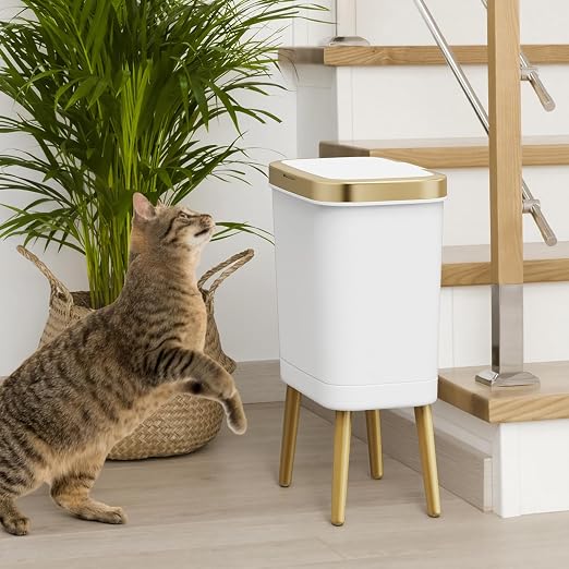 Bathroom Trash Can with Lid, 4 Gallon Modern Garbage Can with Removable Legs, Plastic Garbage Bin, Slim White and Gold Trashcans for Bedroom, Living Room, Office, Kitchen