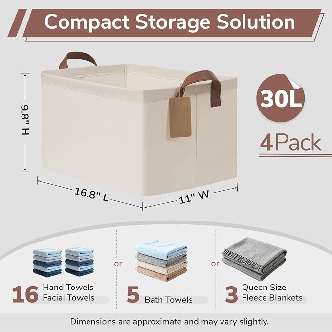 CHICVITA 4 Pack Large Fabric Storage Baskets for Shelves, 30L Beige | 16.8" × 11" × 9.8" Closet Storage Bins for Clothes, Towels & Blankets, Collapsible, Metal Frame, Leather Handles