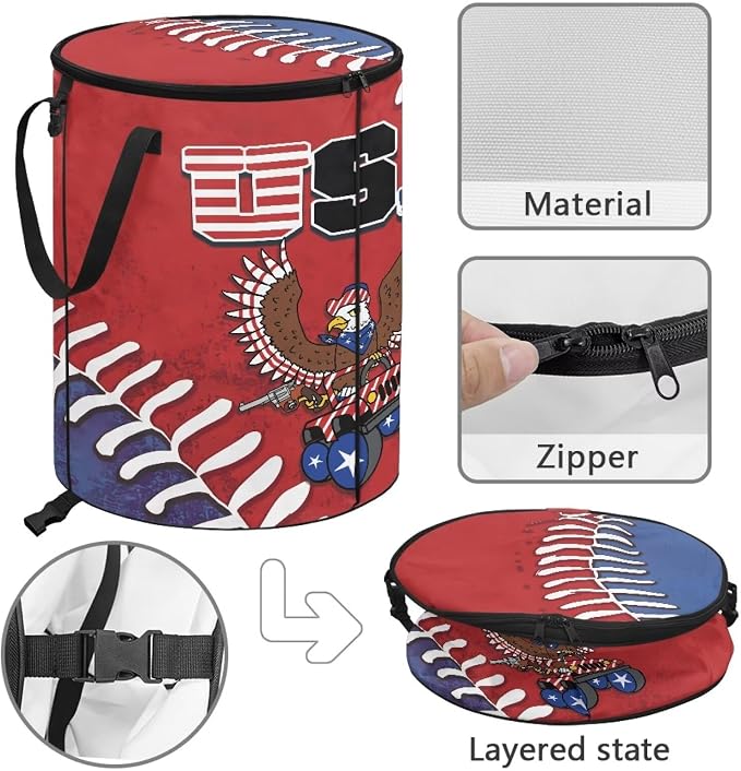 USA American Eagle Collapsible Trash Can 24 Gallon Foldable Garbage Bin with Lid, Waterproof Trash Bag Holder for Outdoor Camping, Patriotic Party Decor, Red White Blue Design