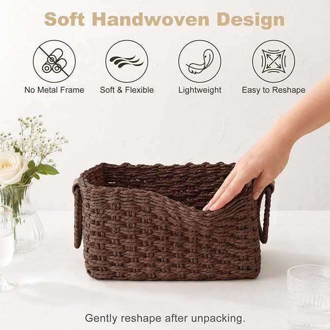 Paper Rope Storage Baskets Set of 3, Handwoven Decorative Wicker Organizer Bins with Handles for Shelves, Bathroom, Closet & Pantry, Soft Woven Nesting Storage Basket Set (Dark Brown)