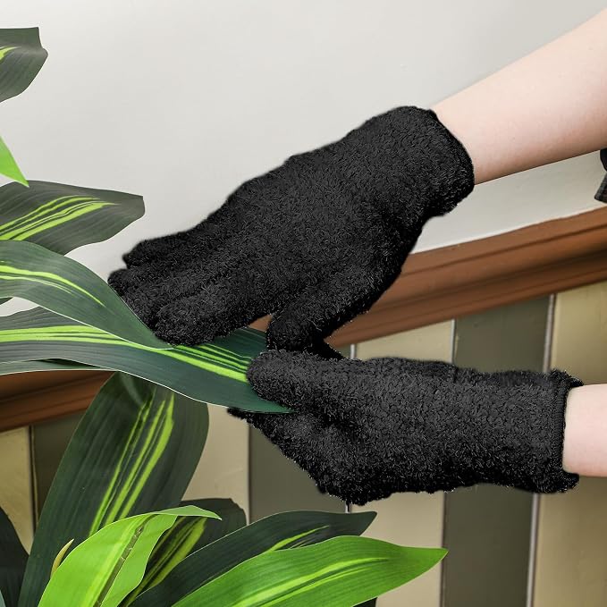 Patelai 3 Pairs Microfiber Dusting Gloves for Plants Leaf, Small | Black, Plant Cleaning Gloves, Reusable Washable Gloves,House Furniture Blinds Dusting