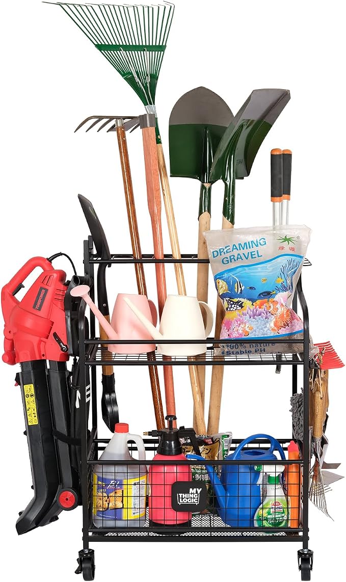 Mythinglogic Rolling Garden Tool Organizer for Garage, Yard and Lawn Tools | Metal rolling rack with multiple tool slots, movable hooks and locking casters for rakes, shovels, brooms and yard tools