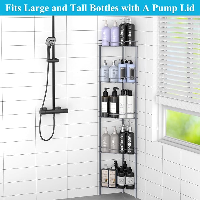 HuggieGems Metal Floor Standing Corner Shower Caddy, Dark Gray, 5 Tier | Adhesive Bathroom Organizer Shelves, Free Standing Shower Rack with Hooks, Hold Large Shampoo Bottles