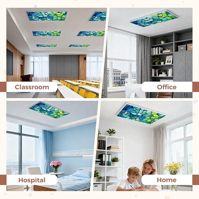 6 Pcs Fluorescent Light Covers for Ceiling Lights abstract stained glass mosaic blue green Magnetic Decorative Shade Filters 4x2 ft for Classroom Office Hospital Decor