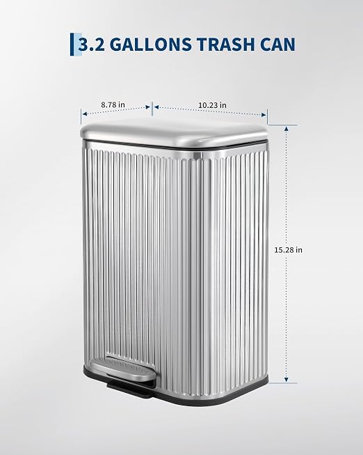 Soft-Close Step Trash Can – Stainless Steel Indoor Recycling Bin, Fluted Rectangular Design, Removable Inner Bucket, Waste Container for Bathroom, Kitchen, Office
