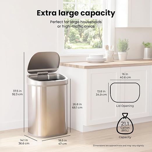Ninestars 21 Gallons XL Automatic Touchless Kitchen Trash Can with Lid, Motion Sensor Trash Can for Large Kitchens, Office & Commercial Use 80 Liter Stainless Steel Garbage Bin (X-Large Rectangular)