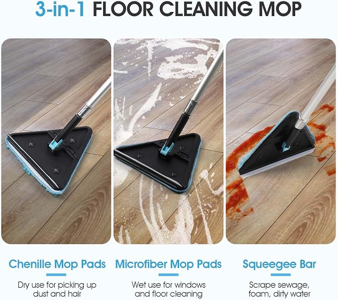 20ft Painted Wall Mop, 12ft Extension Pole, High Ceiling Cleaning Tool | Heavy Duty, 3-in-1 Cleaning Kit, 4 Microfiber Chenille Pad, Cobweb Duster, Fan, Baseboard, Window Squeegee Kit