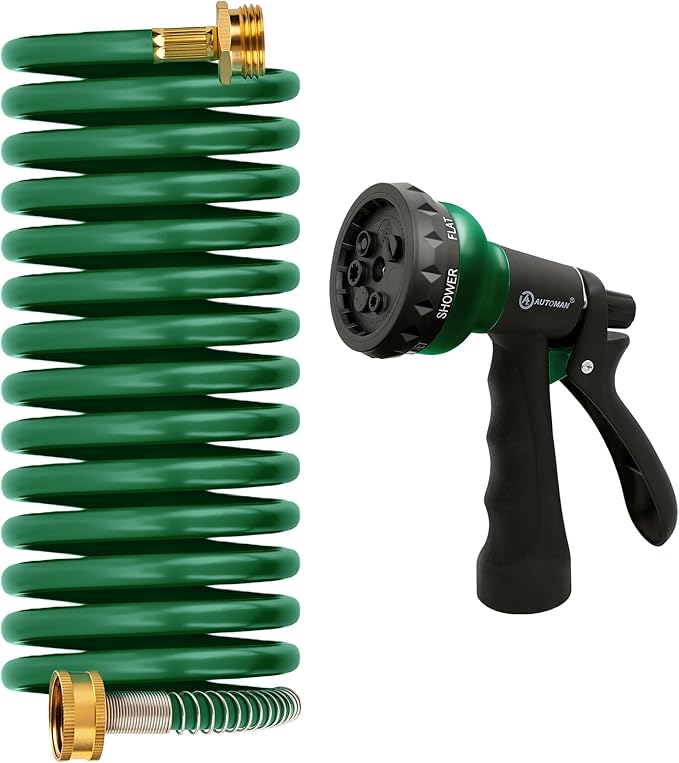 AUTOMAN Coil Garden Hose 15 ft, EVA Curly Water Hose with Brass Connectors, Recoil Garden Water Hose,Includes 7-Pattern Function Sprayer,Retractable,Corrosion Resistant Garden Coil Hose.