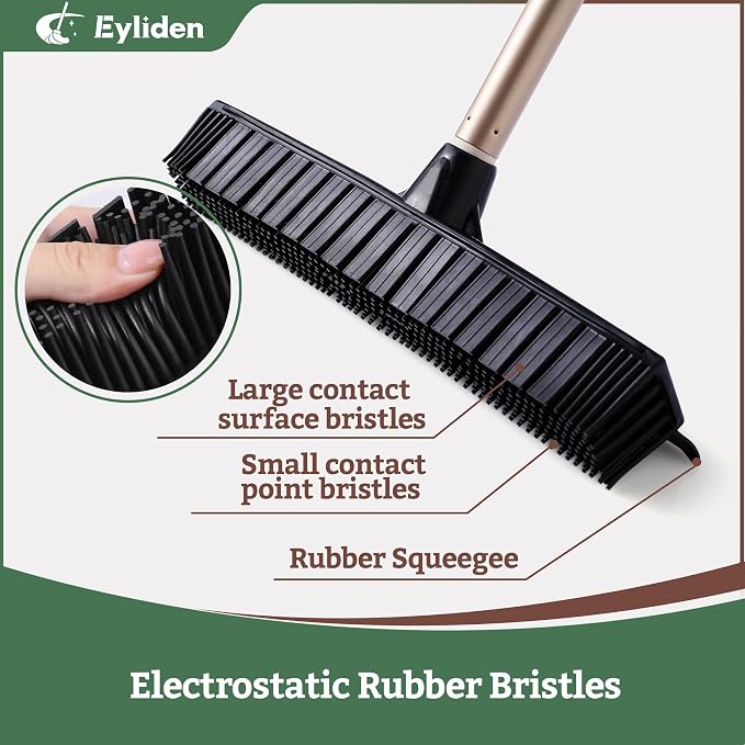 Eyliden Rubber Carpet Rake with Squeegee for Pet Hair & Floor Water Removal | 2-in-1 Push Broom, Fur Brush for Carpet Rug, Scrape for Liquid Spills on Hardwood Tile, 54" Telescopic Handle, 45° Angle Head
