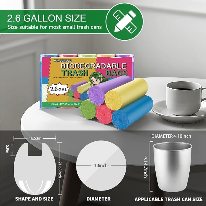 2.6 Gallon Colorful Bathroom Trash Bags - With Handles Small Garbage Bags Biodegradable 100 Count Unscented Mini Kitchen Car Office Little Wastebasket Liners 10 Liter Strong Thick Bulk Vincereon