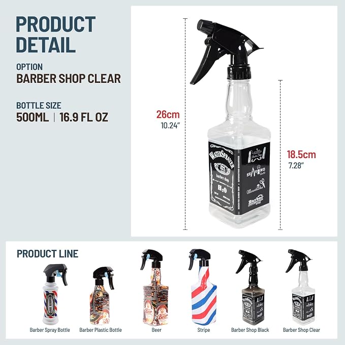 STUDIO LIMITED Barber Spray Bottle, Fine Mist Sprayer for Stylists, Refillable Hair Spray Bottle (500ml/16.9oz, Clear)