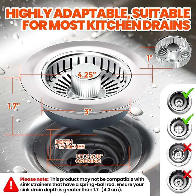 Kitchen Sink Drain Strainer & Sink Stopper, Upgraded 3 in 1 Stainless Steel Drain Plug Combo with Anti-Clog Basket, Pop Up Drain Cover for Standard 3-1/2'', Fits Double Bowl Kitchen Sinks | Kitchen Sink Accessories Strainer Basket 2 Pack Stainless Stee...