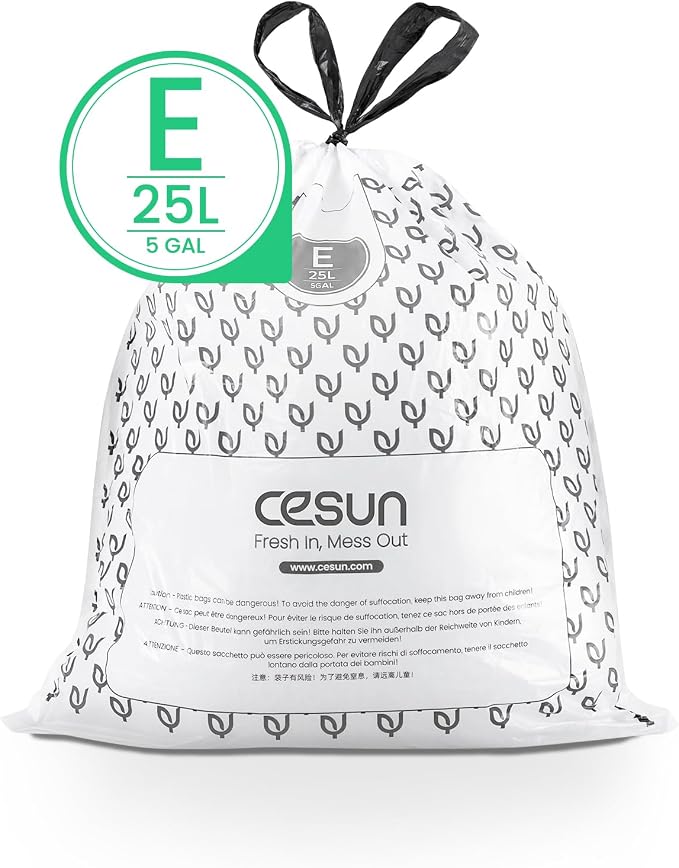Cesun Code E Drawstring Trash Bags 90 Count, 5 Gallon / 25 Liter | Small Trash Can Liners, Specifically Designed for Cesun 5 Gal Small Trash Cans, Extra-thick & Leak Proof