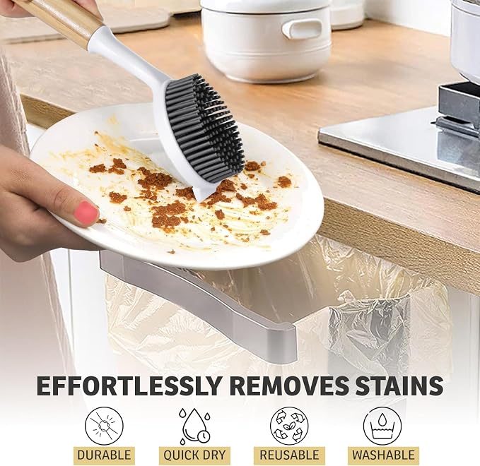 Bamboo Dish Brush with Handle – Kitchen Dish Brush with Nylon Bristles | Bamboo Dish Brush with Handle – Wooden Scrub Brush for Cast Iron, Sink, Pots & Dishes – Durable Dish Scrubber for Cleaning