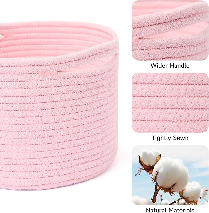 MiniArk Small Basket for Organizing | Cube Shelf Closet Storage Baskets | 9.7×9.7×7.1” | Woven Rope Gift Basket | Nursery | Round 3 Packs Light Pink