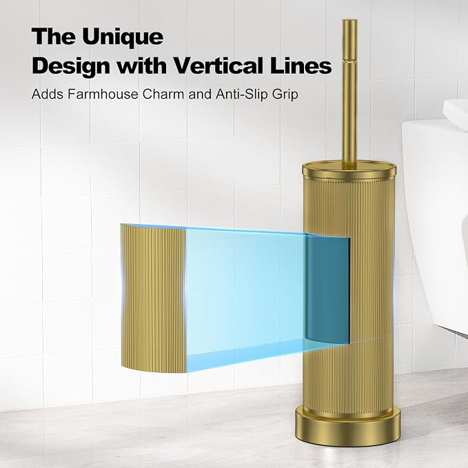 Metal Vertical Grain Toilet Bowl Brush and Holder Set Scrubber Warm Gold | Extra Long Handle with Splash Guard Cover, Bathroom Space-Saving, Heavy Durable Deep Cleaning, Cleaner Sets for Apartments