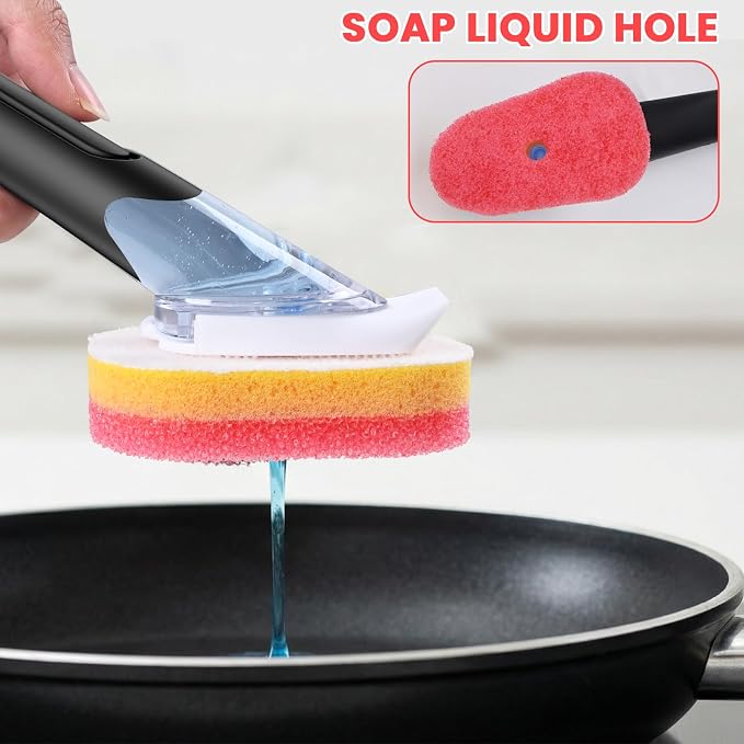 RIMAY Soap Dispensing Dish Brush Set with 10 Sponge Refills and Holder | Dish Brush with Soap Dispenser Kitchen Dishwashing Dish Wand Handle for Dishes, Pans, Pots, Sink