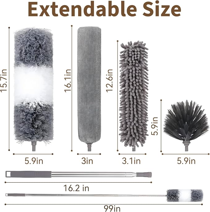 HAMEINY Microfiber Feather Duster for Cleaning 5-in-1 Kit 100" Extendable | Furniture Dusters with Extension Pole 100 Inches High Ceiling Fan Dusters Cobweb Duster for Car Wall Blinds Cleaning Dusting