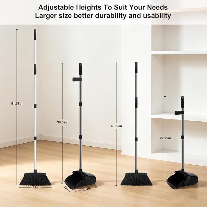 Black Broom and Dustpan Set 2 Pack, Long Handle Floor Cleaning | Self-Cleaning Comb Teeth, Upright Storage, Indoor Outdoor Sweeping for Home, Kitchen, Garage and Pet Areas
