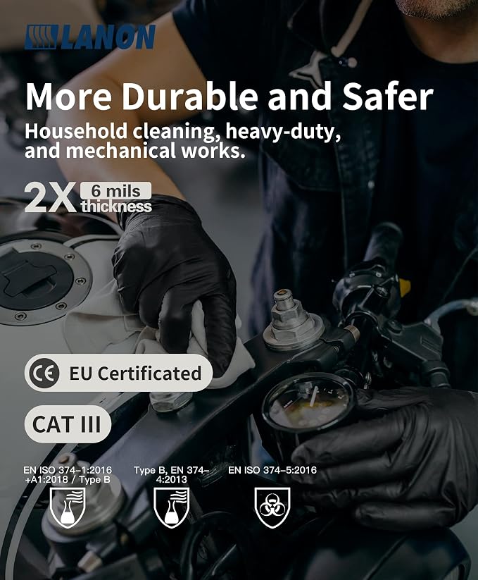 LANON 6-mil Black Nitrile Disposable Gloves, Food-Safe, Powder-Free, Heavy-Duty, Textured Fingertips, Latex-Free, Large | Food Safe,Food Prep,Powder-Free,Latex-Free,Silicone-Free,Textured Fingertips,Kitchen,Heavy-Duty Mechanic Gloves Disposable